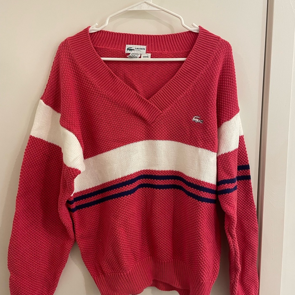 Lacoste Red White V-Neck Striped Sweater